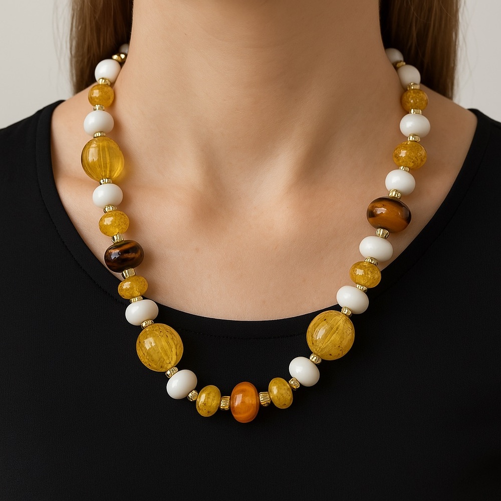 White Yellow bead necklace acrylic beads 34” long made Hong Kong vintage